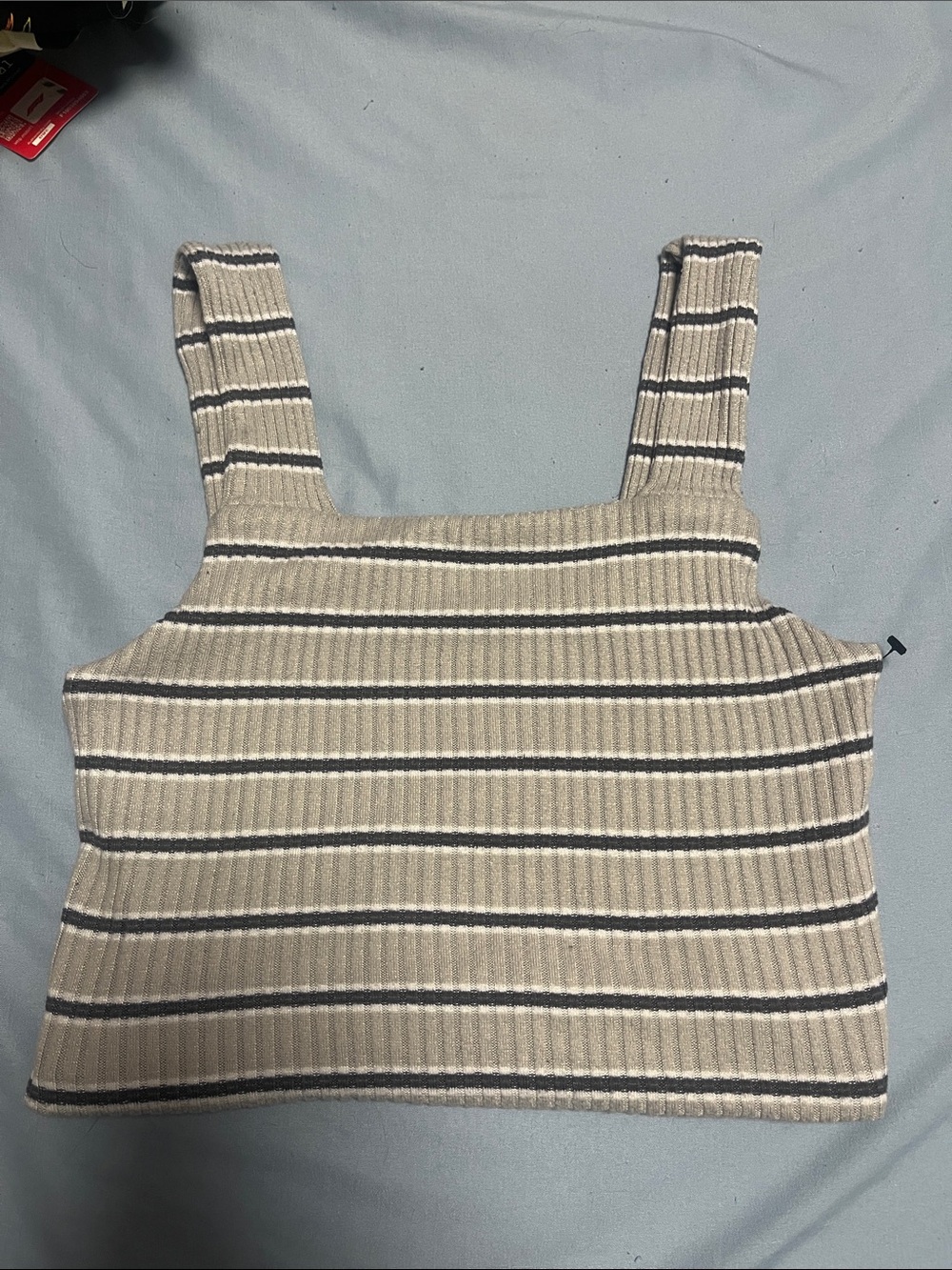 American Eagle Outfitters Ribbed Square-Neck Crop Tank - Cream & Black Stripes